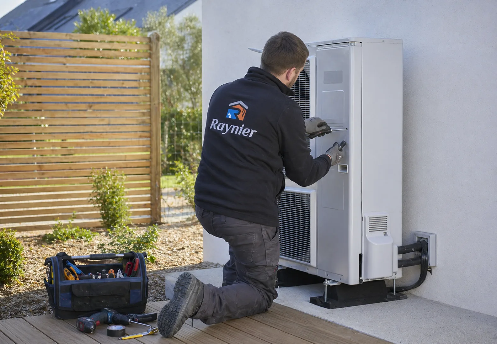 Technicien Installateur Climatisation Toulouse posant l'unité extérieure d'une climatisation réversible sur une terrasse, intervention à Toulouse