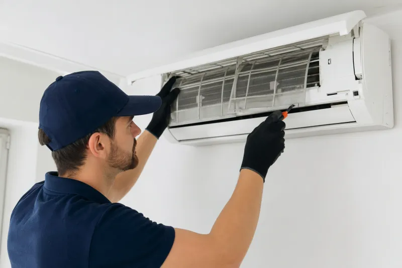 Technicien frigoriste en contrôle d'une PAC réversible air-air